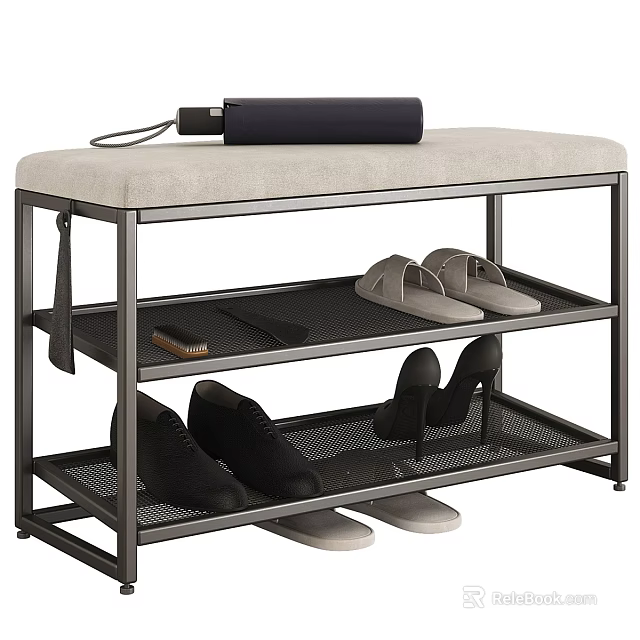Modern Metal Frame Shoe Cabinet With Padded Bench And Multiple Shelves For Entryway 3d model 