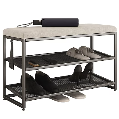 Modern Metal Frame Shoe Cabinet With Padded Bench And Multiple Shelves For Entryway 3d model