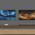 Two Wall Mounted TVs Displaying Blue Starry Sky and Orange Flowing Patterns on Wooden Console