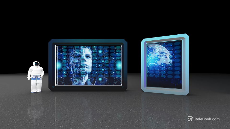 Modern Computer Monitors Displaying Human Face Earth And Blue Tech Elements With Astronaut Figure 3d model 
