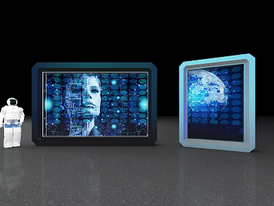 Modern Computer Monitors Displaying Human Face Earth And Blue Tech Elements With Astronaut Figure 3d model
