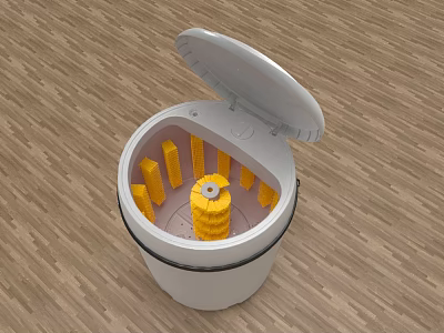 Compact Washing Machine with Open Lid and Yellow Interior Components on Wooden Floor 3d model