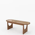Modern Wooden Bench With Woven Texture Oval Seat And Curved Legs Design