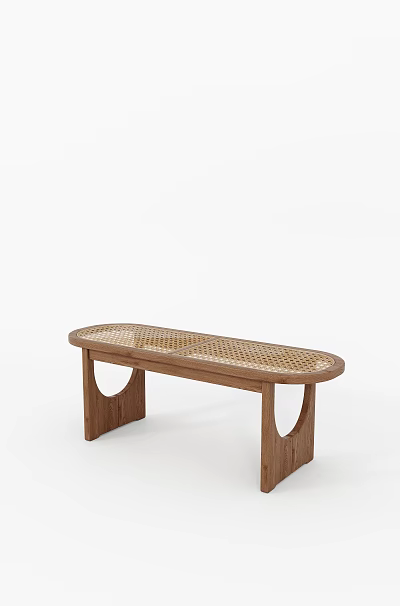 Modern Wooden Bench With Woven Texture Oval Seat And Curved Legs Design 3d model