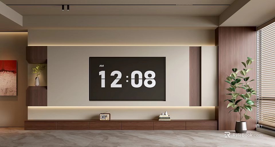 Modern TV Background Wall With Wooden Decor LED Strip Lights TV Stand And Green Plant 3d model 