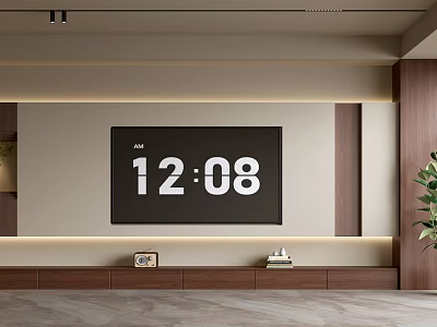 Modern TV Background Wall With Wooden Decor LED Strip Lights TV Stand And Green Plant 3d model