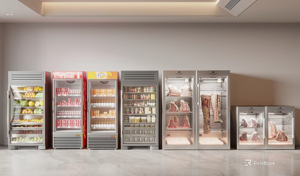 Commercial Refrigerators and Freezers with Glass Doors Various Styles Displaying Food and Beverages 3d model 