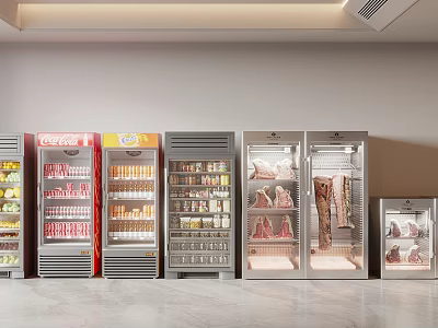 Commercial Refrigerators and Freezers with Glass Doors Various Styles Displaying Food and Beverages 3d model