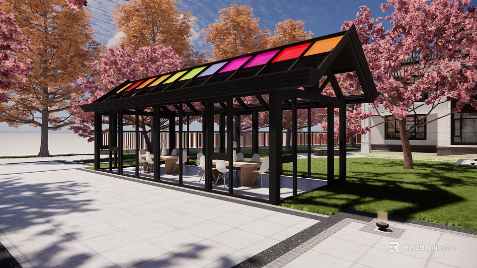 Villa Balcony With Colorful Glass Roof Black Frame Outdoor Seating Pink Cherry Trees And Lawn 3d model 