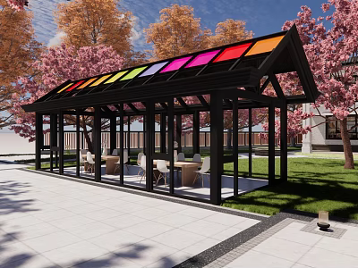 Villa Balcony With Colorful Glass Roof Black Frame Outdoor Seating Pink Cherry Trees And Lawn 3d model
