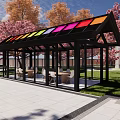 Villa Balcony With Colorful Glass Roof Black Frame Outdoor Seating Pink Cherry Trees And Lawn