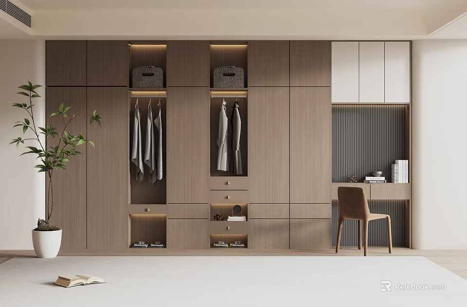 Modern Wooden Wardrobe Design With Hanging Space Storage Drawers And LED Lighting 3d model 