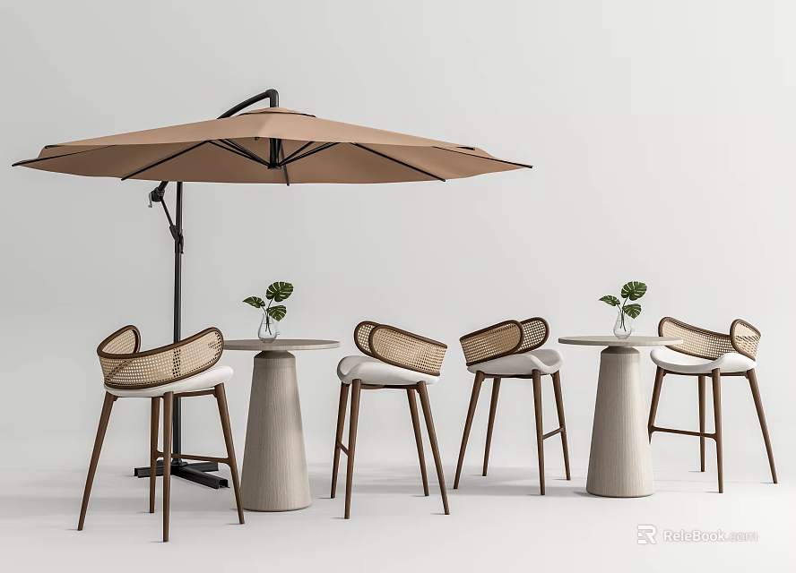 Outdoor Table And Chair Set With Woven Rattan Chairs Round Light Gray Table Brown Parasol And Small Green Plants 3d model 
