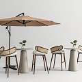 Outdoor Table And Chair Set With Woven Rattan Chairs Round Light Gray Table Brown Parasol And Small Green Plants