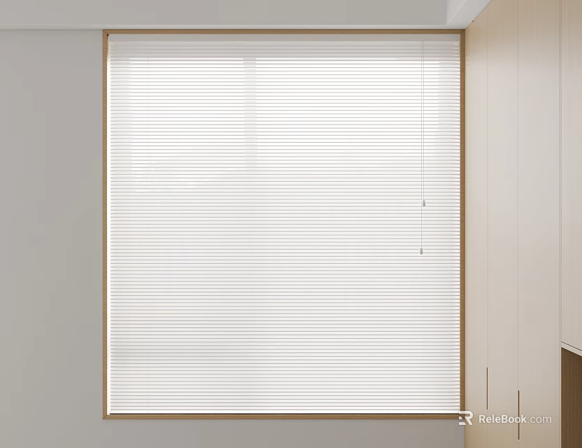 Minimalist White Venetian Blinds On Window With Light Wall And Wooden Cabinets 3d model 