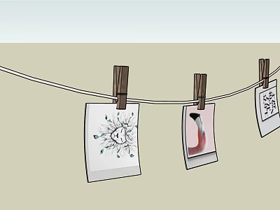 Stylish Household Items Clothesline With Clothespins Holding Decorative Cards With Patterns 3d model