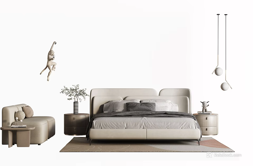 Modern Cream Colored Double Bed With Gray White Pillows Bedside Tables And Pendant Lights 3d model 