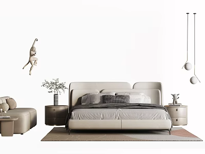 Modern Cream Colored Double Bed With Gray White Pillows Bedside Tables And Pendant Lights 3d model