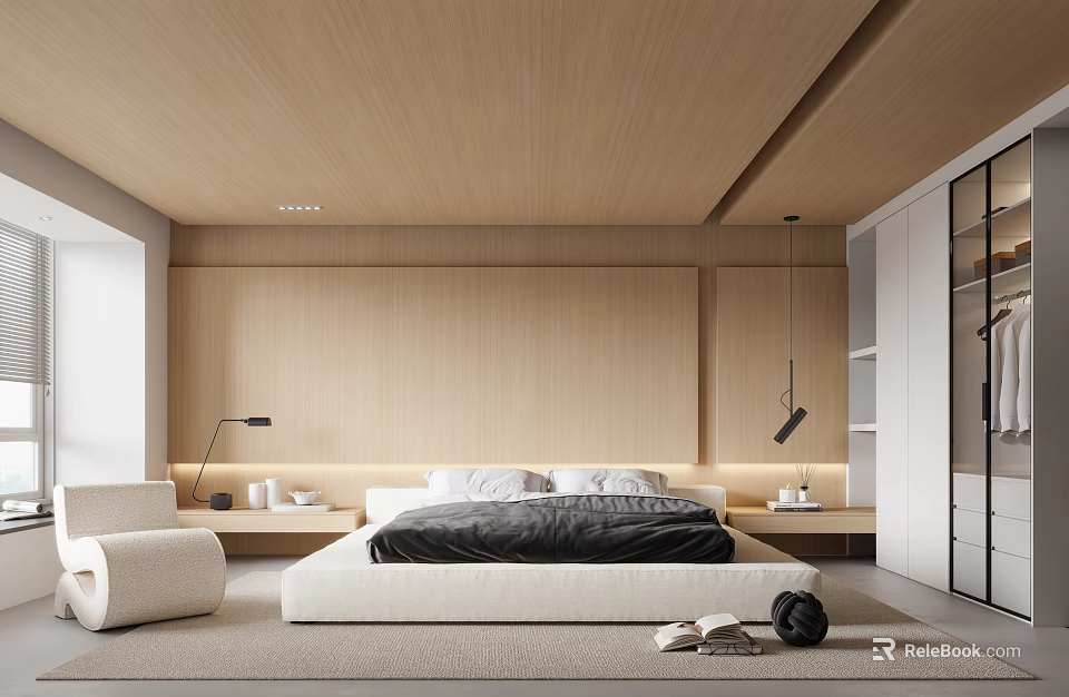 Modern Minimalist Bedroom Interior With Wooden Ceiling Wall White Bed And Soft Area Rug 3d model 