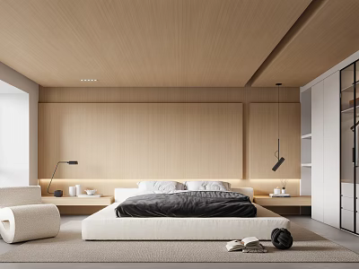 Modern Minimalist Bedroom Interior With Wooden Ceiling Wall White Bed And Soft Area Rug 3d model