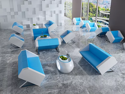 Modern Living Space Sofa And Coffee Table Set With Blue White Upholstery And Green Plants 3d model
