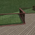 Red Railing Fence Along Green Hedge Wall With Wooden Deck Floor