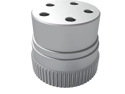 Silver Cylindrical Metal Component Featuring Top Holes And Bottom Gear Design 3d model