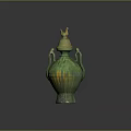 Green Ceramic Vase With Bird Lid Two Handles And Striped Design For Home Decor
