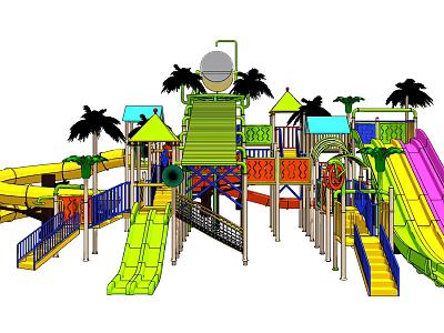 Colorful Outdoor Playground Equipment For Children With Slides And Palm Trees 3d model