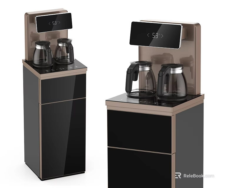 Modern Daily Use Water Dispensers With Glass Kettles Digital Displays And Black Gold Storage Cabinets 3d model 