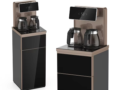 Modern Daily Use Water Dispensers With Glass Kettles Digital Displays And Black Gold Storage Cabinets 3d model