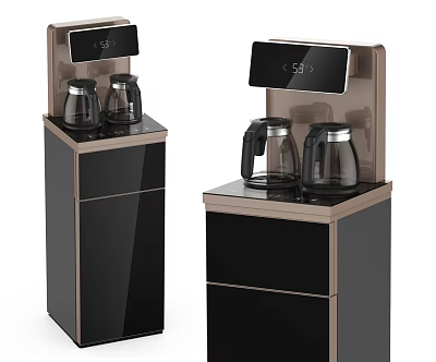 Modern Daily Use Water Dispensers With Glass Kettles Digital Displays And Black Gold Storage Cabinets 3d model