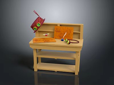 Light Wooden Children's Desk With Red Schoolbag Orange Notebook Colorful Crayons And Two Shelves 3d model