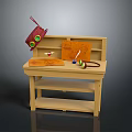 Light Wooden Children's Desk With Red Schoolbag Orange Notebook Colorful Crayons And Two Shelves
