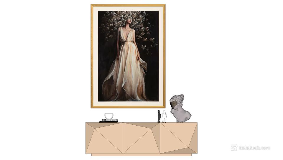 Portrait Painting of Woman in Beige Dress with Floral Background and Golden Frame 3d model 