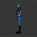 Game and Movie Character Featuring Green Hair Blue Vest Black T-Shirt Blue Pants Black Boots