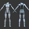 Silver Futuristic Bodysuit With Green Accent Lines And Metallic Shine Front Back Views