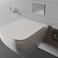 Modern White Wall Mounted Toilet In Bathroom With Tile Wall And Flush Plate