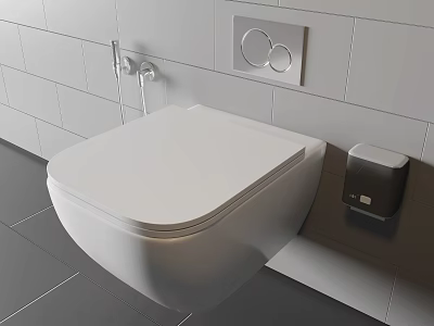 Modern White Wall Mounted Toilet In Bathroom With Tile Wall And Flush Plate 3d model