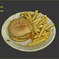 Delicious Hamburger With Sesame Bun Fresh Vegetables And Crispy French Fries On White Plate