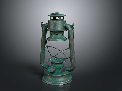 Vintage Green Kerosene Lantern With Rustic Metal Frame And Glass Shade 3d model