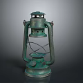 Vintage Green Kerosene Lantern With Rustic Metal Frame And Glass Shade