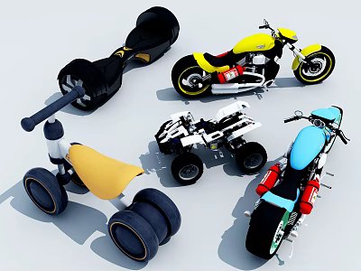 Electric Toys Including Black Hoverboard Yellow Blue Motorcycles White Quad Bike Tricycle 3d model
