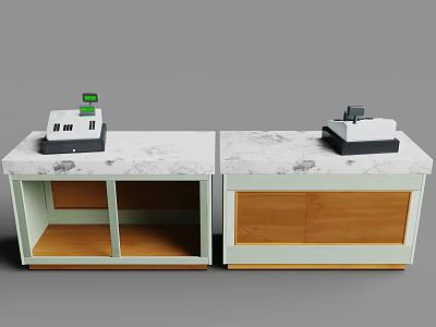 Two Modern Counters With Marble Countertops White Devices Wooden Cabinets And Open Compartments 3d model
