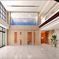 Spacious Bright Modern Elevator Lobby With Marble Walls Wooden Accents Polished Tile Flooring And Green Plant