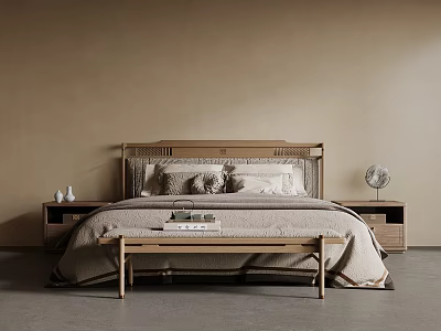 Minimalist Bedroom Interior With Wooden Headboard Bed Pillows Blanket Nightstands And Bench 3d model