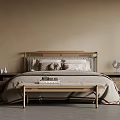 Minimalist Bedroom Interior With Wooden Headboard Bed Pillows Blanket Nightstands And Bench