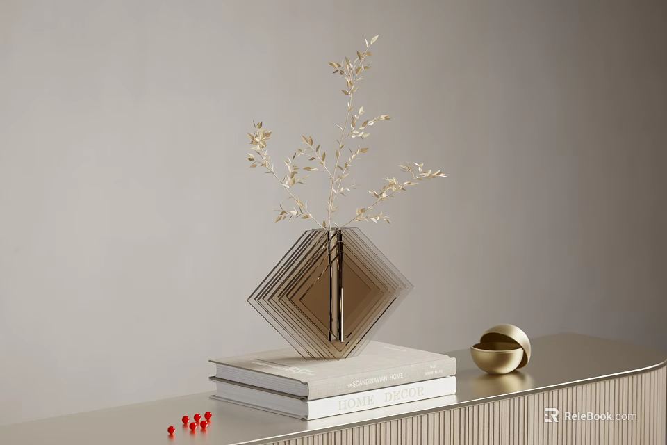 Transparent Diamond Shaped Vase with Golden Foliage on Stacked Books against Light Gray Wall 3d model 