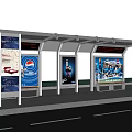 Modern Bus Stop Shelter With Billboards Riverside View Mountain Backdrop And Trees