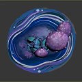 Vibrant Plant With Blue Trunk And Purple Flowers On Blue Water Ripple Base Including Scattered Flowers